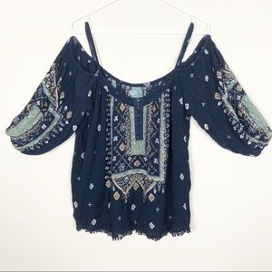 Urban Outfitters Navy Cold Shoulder Peasant Top
